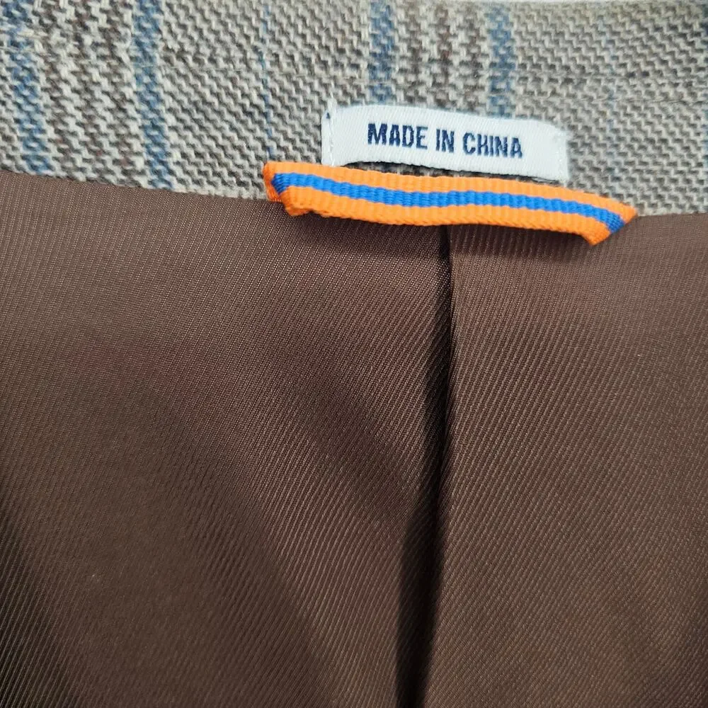 Crown & Ivy Brown Blue Plaid Cotton Two Button Elbow Patch Blazer Jacket Men 46R